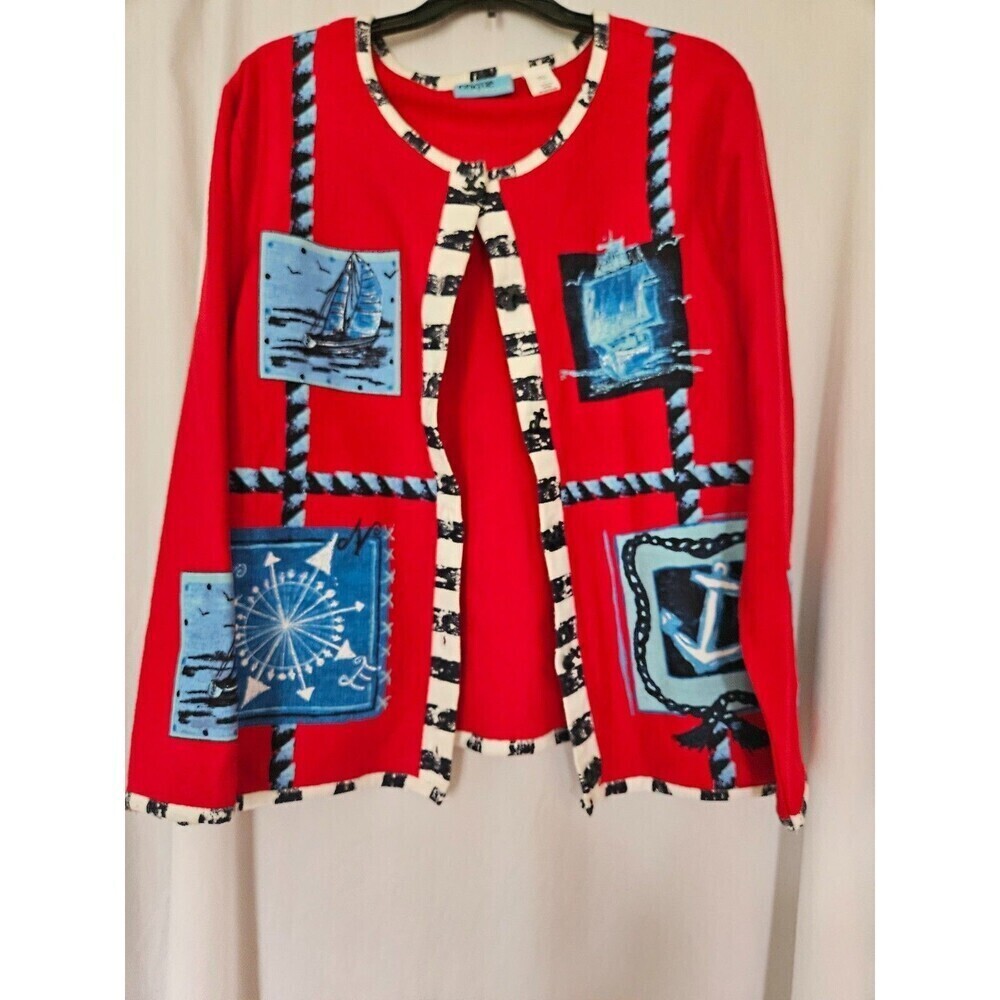 Onque Casuals Red &‎ Blue Round Neck Sailboat Theme Button Up Cardigan Jacket L